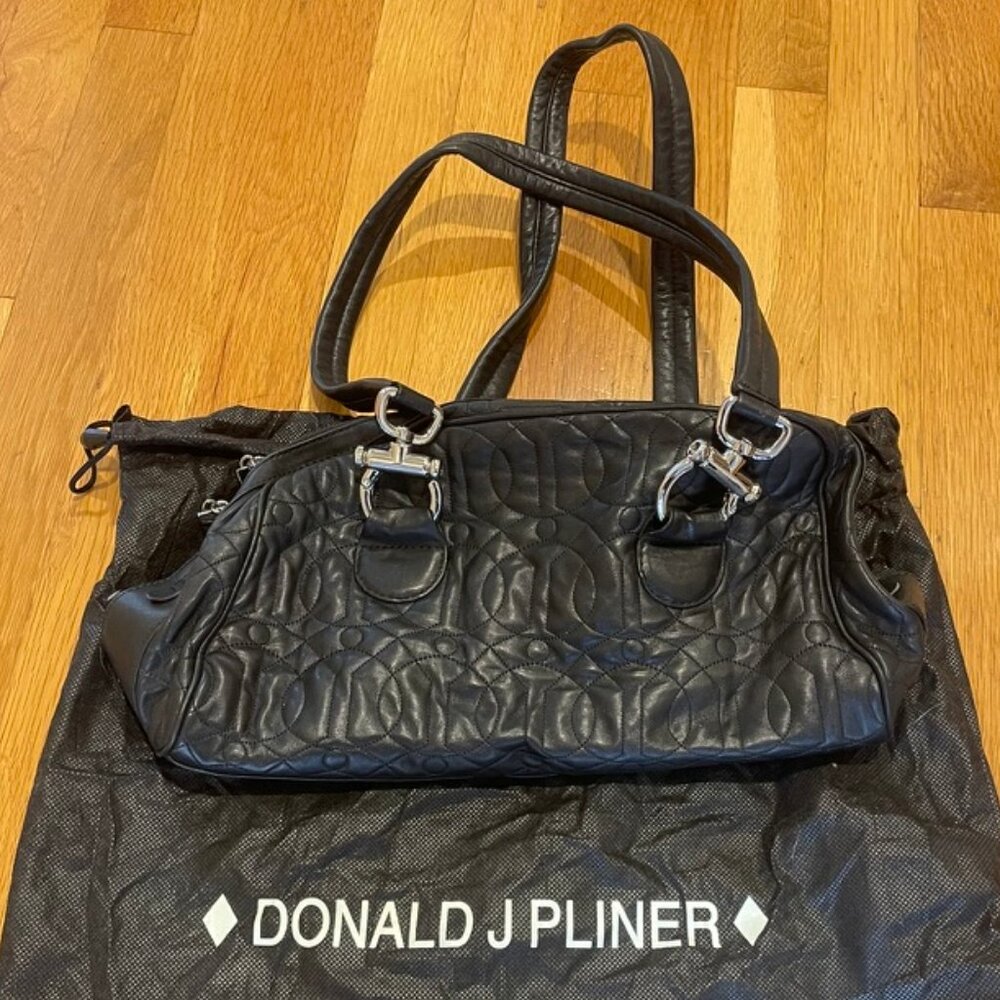 Donald J Pliner Black Leather Purse with Stitching Pattern + Silver Hardware